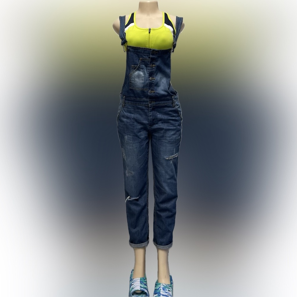 Forever 21 blue denim distressed boyfriend cropped overalls, women, 26, 27